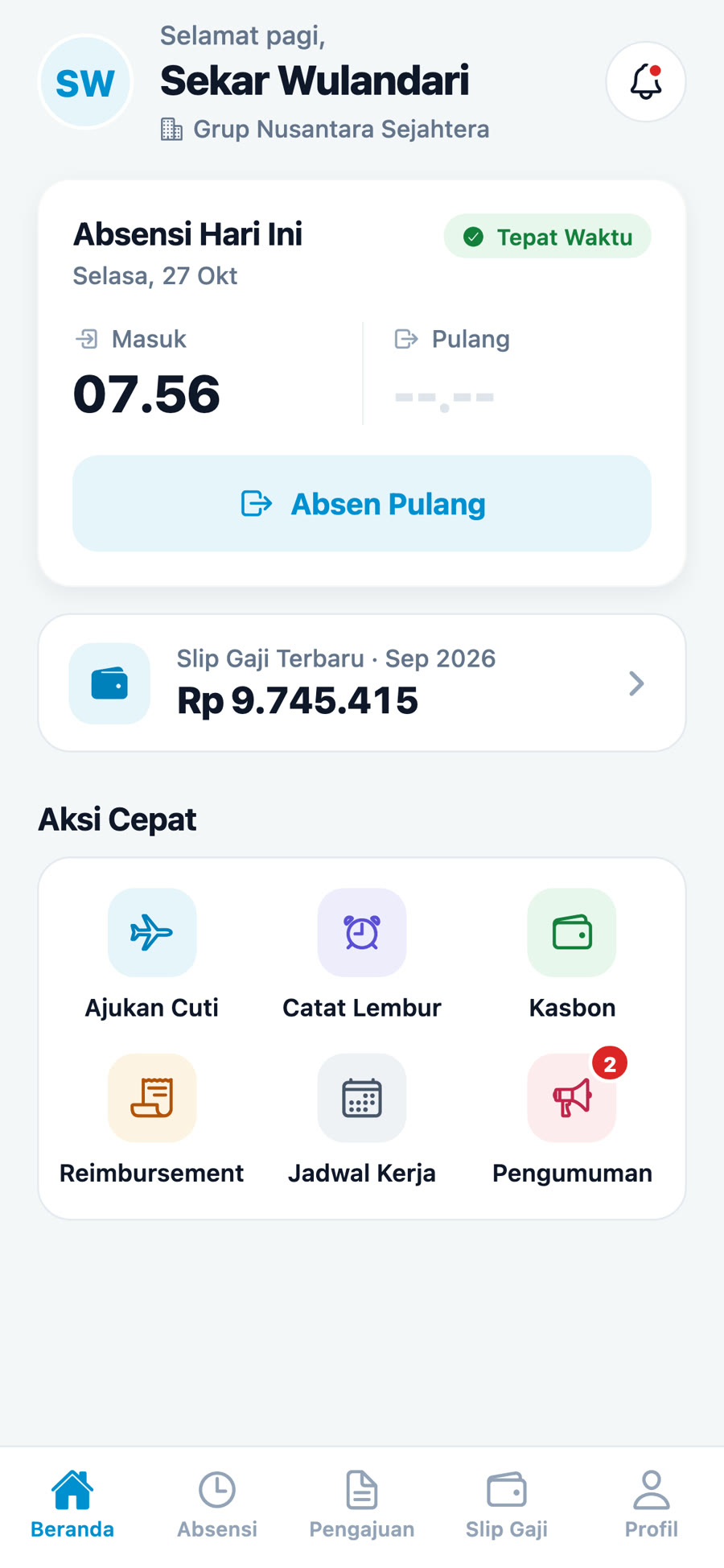 Beranda aplikasi karyawan Interwise setelah absen masuk
