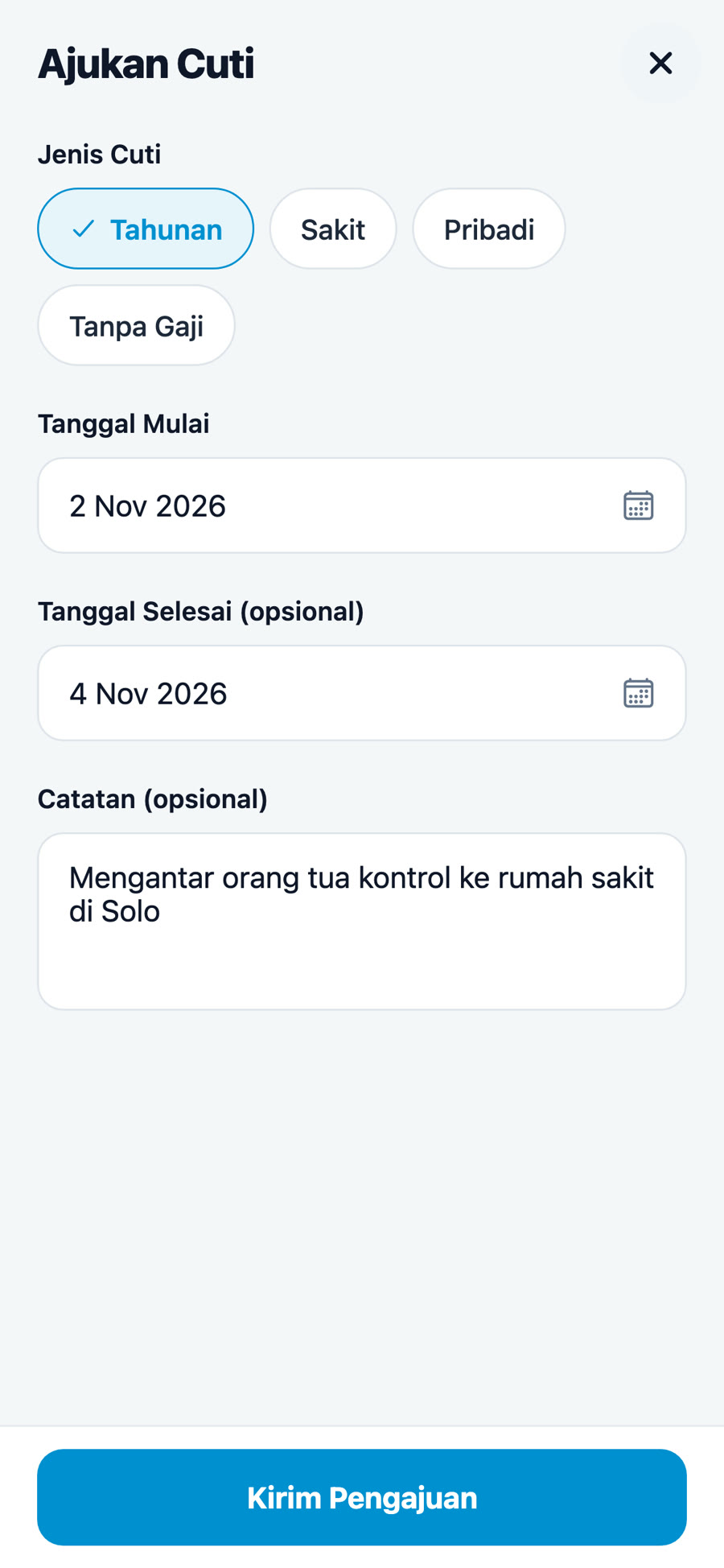 Formulir pengajuan cuti di aplikasi karyawan Interwise
