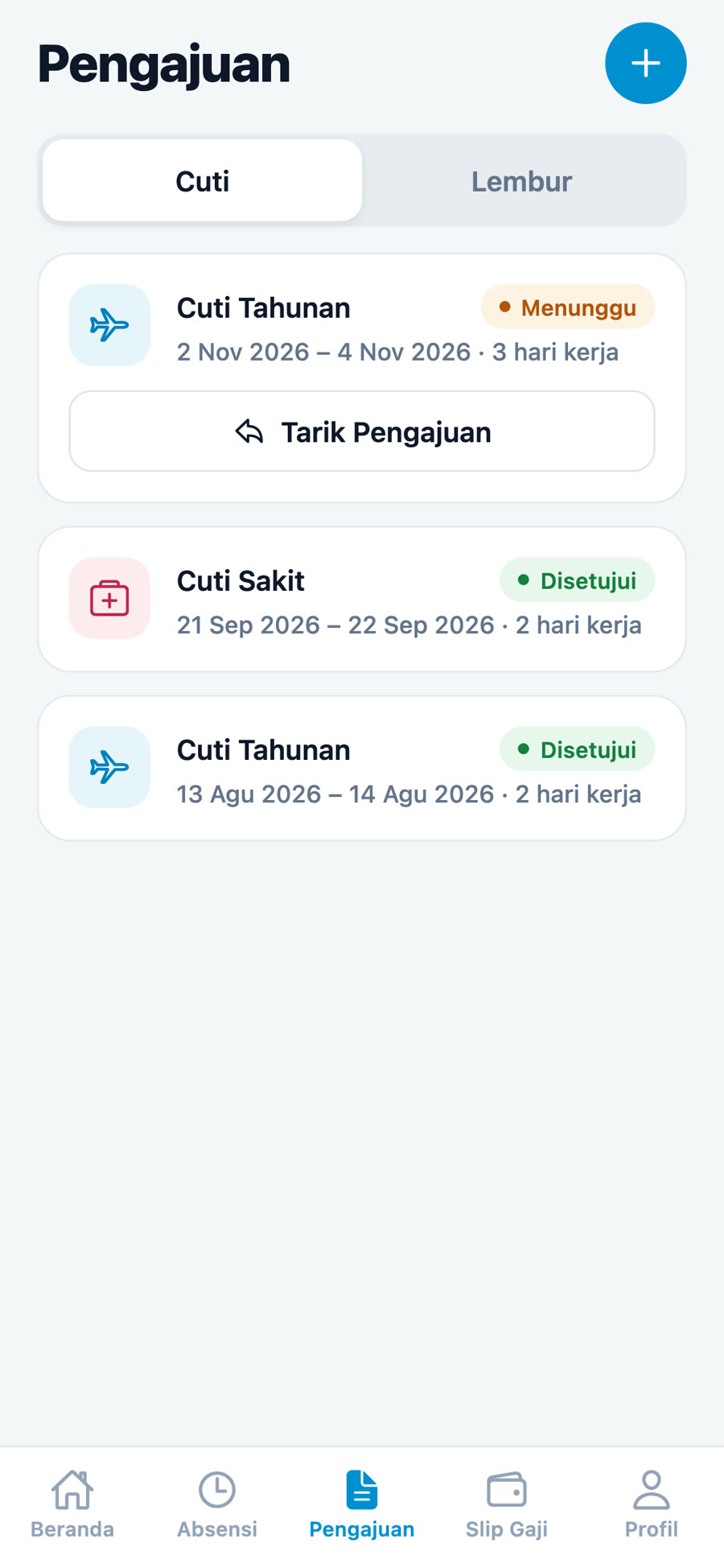 Daftar pengajuan cuti dan lembur dengan statusnya