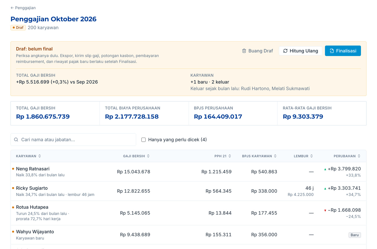 Halaman proses penggajian Interwise dengan status draf dan karyawan yang perlu dicek